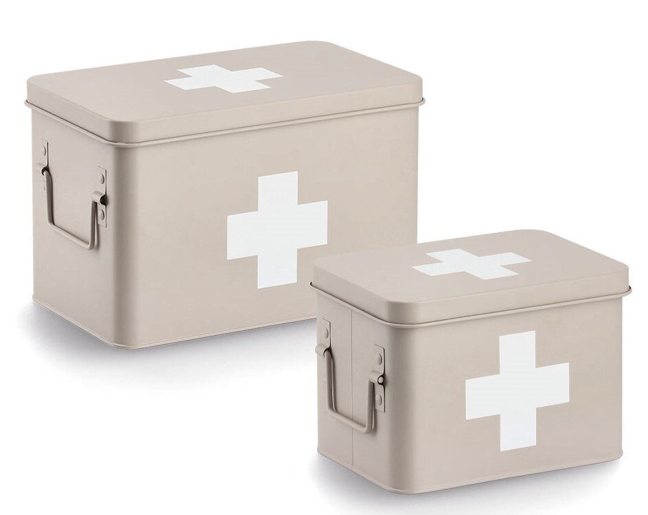Zwei beige Medizinboxen mit weißen Kreuzen, seitliche Perspektive