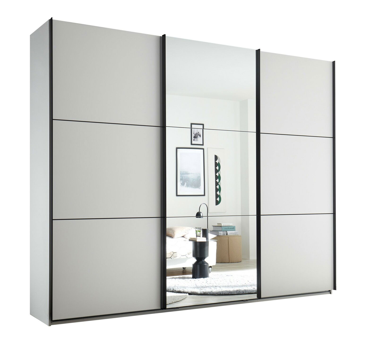 Moderner Schwebetürenschrank mit Spiegel in Frontalansicht, ideal für Schlafzimmer.