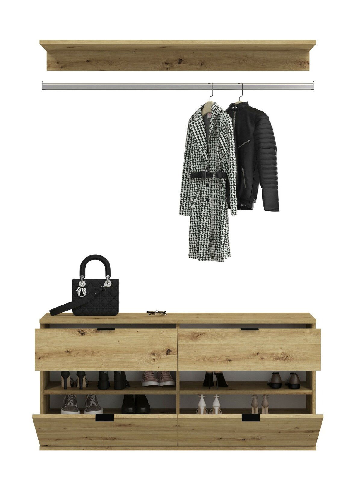 Kommode aus Holz mit offenen Schubladen, gefüllt mit Schuhen, und einer Ablagefläche mit Handtasche und Brille. Darüber eine Kleiderstange mit hängenden Mänteln. Frontale Perspektive.