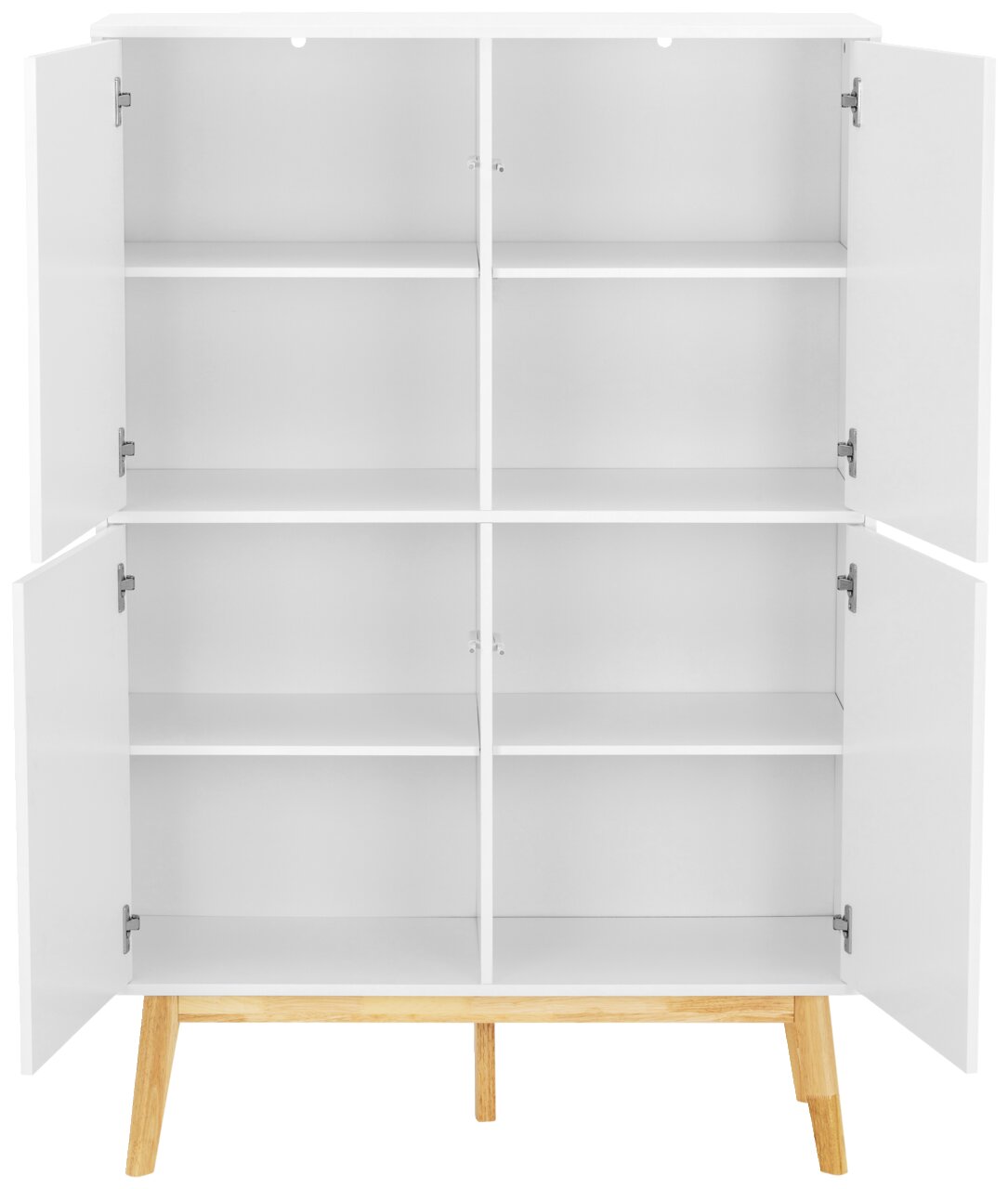 Weißes Highboard mit offenen Türen, sechs Fächern und Holzbeinen, frontale Ansicht.