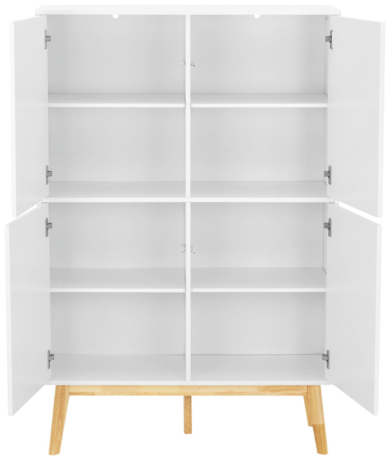 Weißes Highboard mit offenen Türen, sechs Fächern und Holzbeinen, frontale Ansicht.