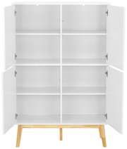 Weißes Highboard mit offenen Türen, sechs Fächern und Holzbeinen, frontale Ansicht.