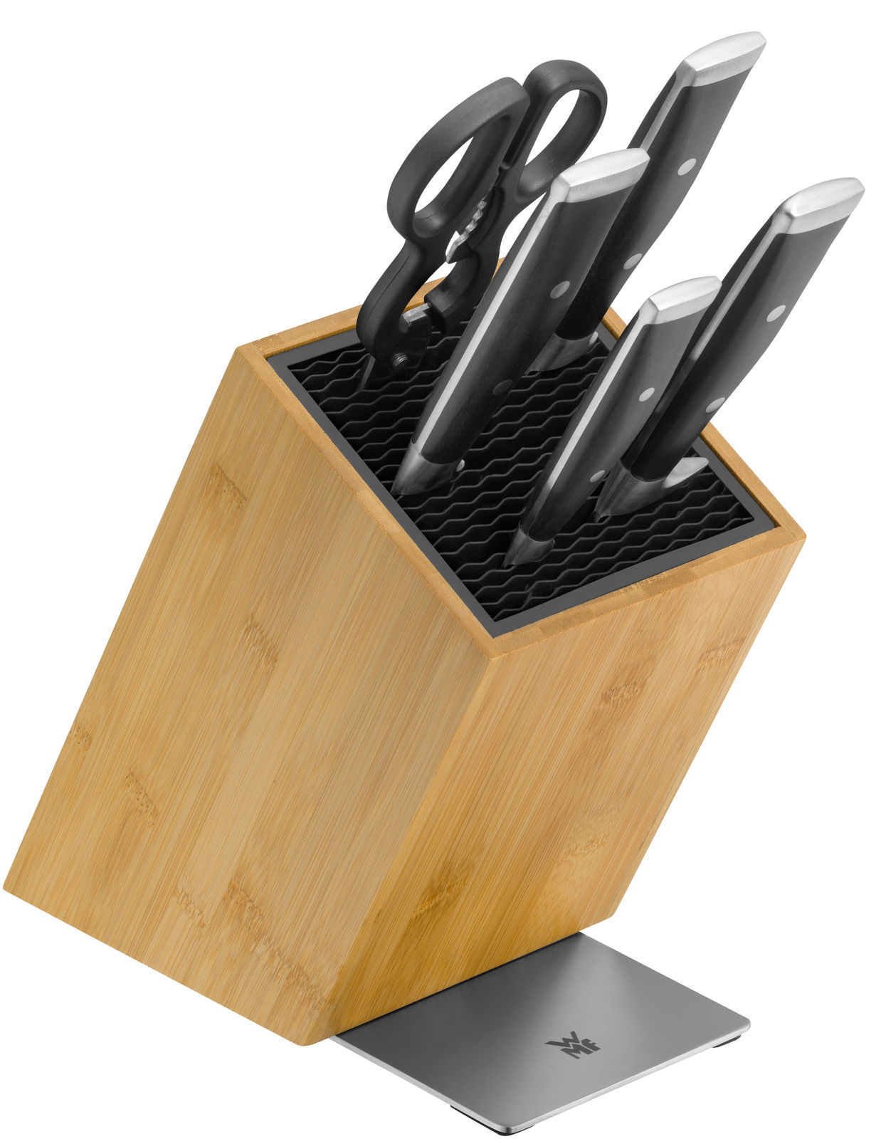 Messerblock aus Bambus mit mehreren Messern und einer Schere, seitliche Perspektive