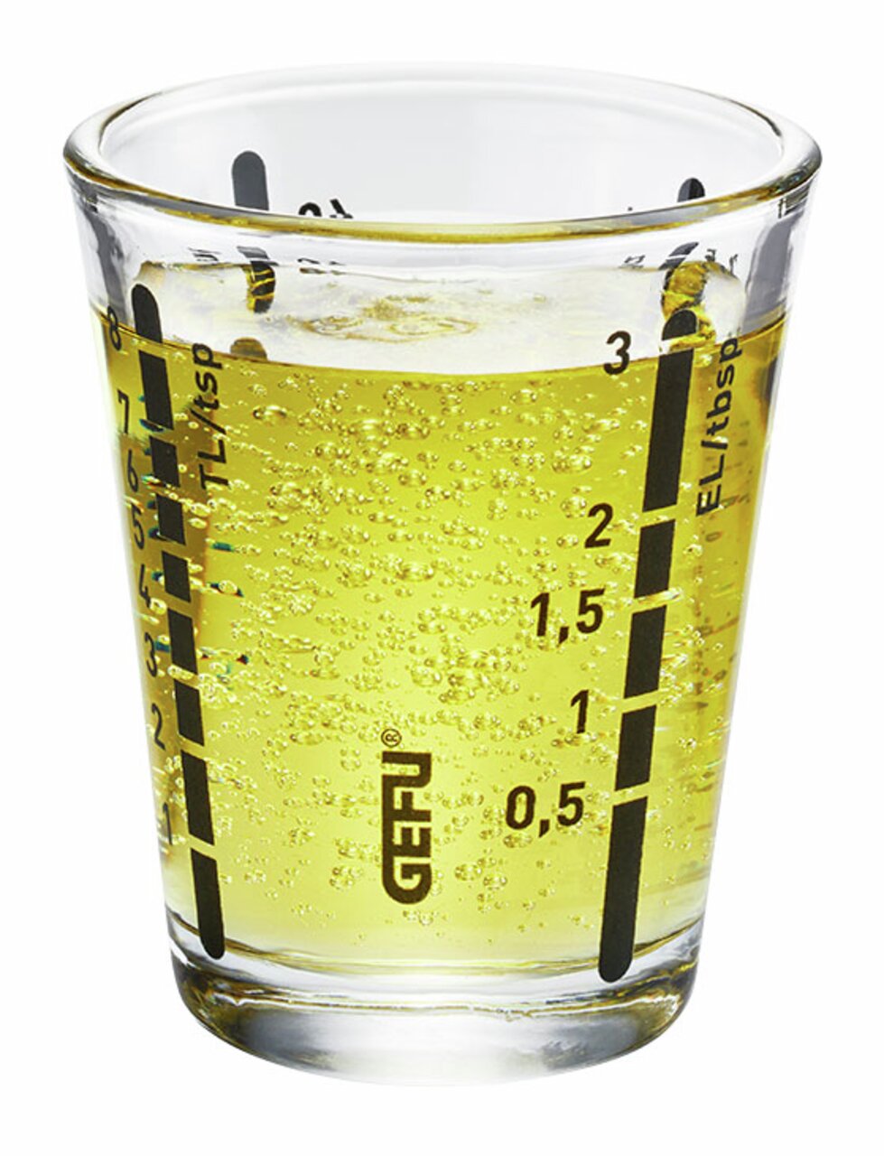 Mini Messbecher MESSI, 40 ml, gefüllt mit gelber Flüssigkeit, Vorderansicht