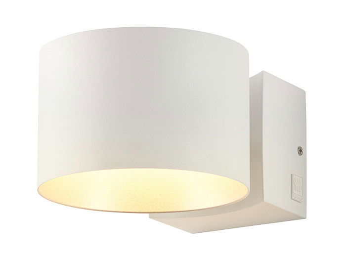 Weiße Wandleuchte LOOP mit zylindrischem Schirm, seitliche Perspektive