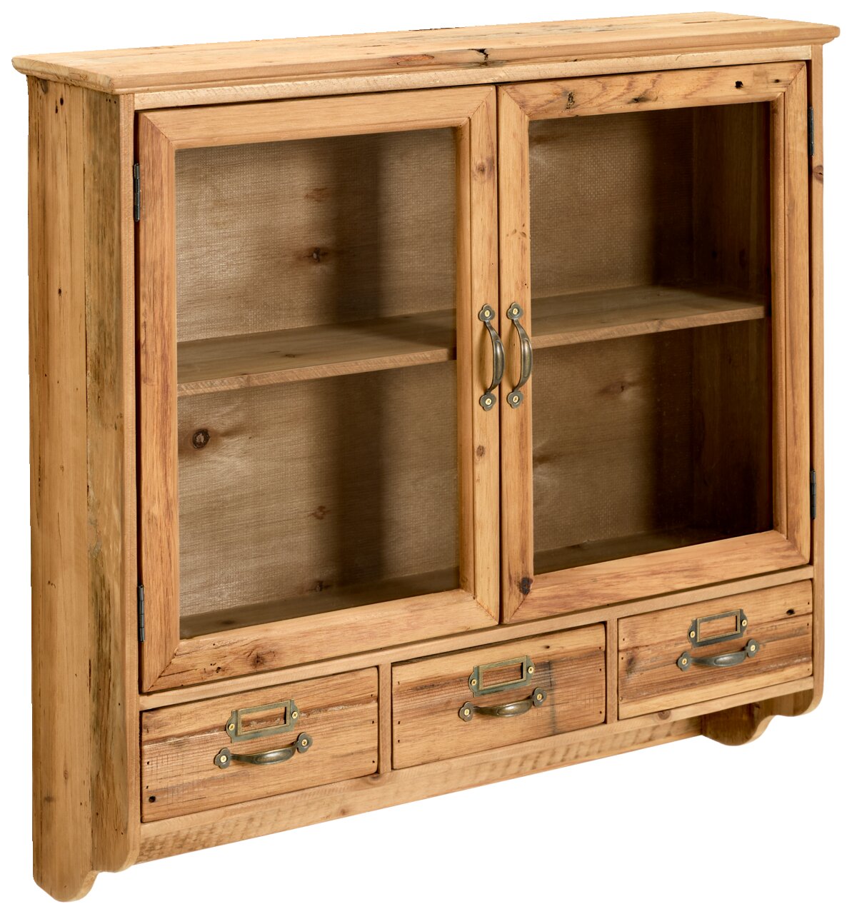 Hängevitrine aus Holz mit Glastüren und drei Schubladen, seitliche Perspektive