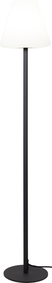 Schwarze Stehlampe mit rundem Standfuß und weißem, konischem Lampenschirm, Frontansicht auf weißem Hintergrund
