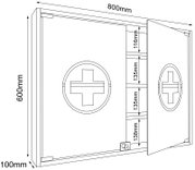Technische Strichzeichnung eines an der Wand montierten Medizinschranks/Erste-Hilfe-Kastens mit geöffneten Türen und Kreuzsymbol, Maße ca. 800×600×100 mm, Perspektive: leicht schräg von vorne (3/4-Ansicht).