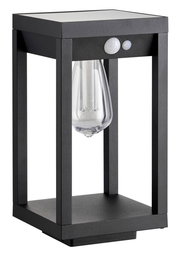 Moderne schwarze Solarleuchte mit rechteckigem Rahmen und Glühbirne, seitliche Perspektive
