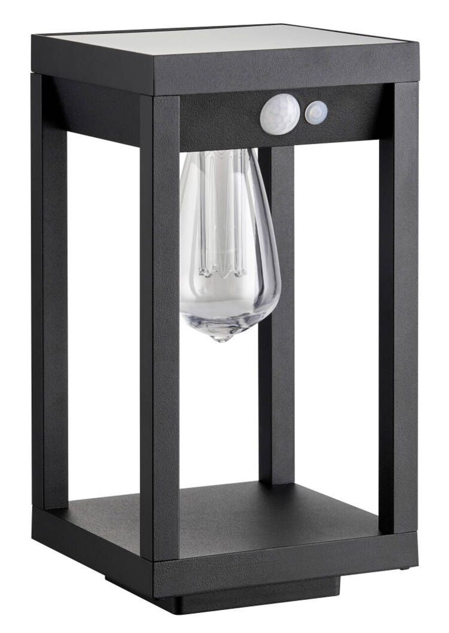Moderne schwarze Solarleuchte mit rechteckigem Rahmen und Glühbirne, seitliche Perspektive