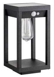 Moderne schwarze Solarleuchte mit rechteckigem Rahmen und Glühbirne, seitliche Perspektive