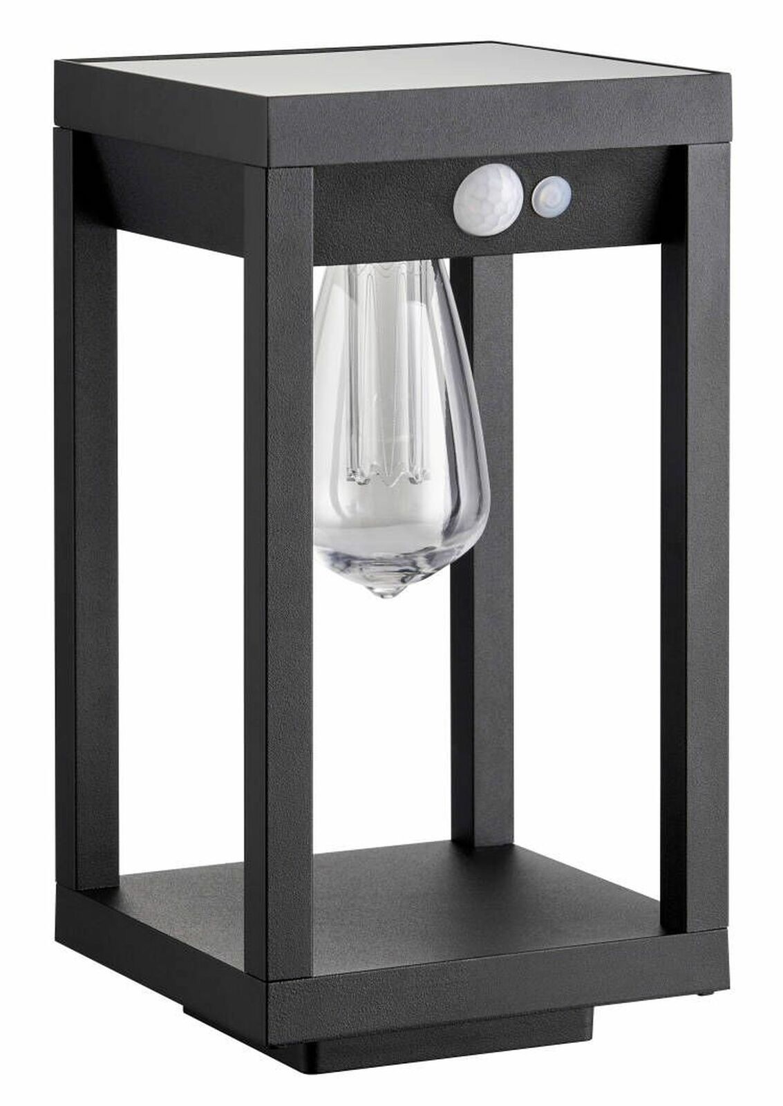 Moderne schwarze Solarleuchte mit rechteckigem Rahmen und Glühbirne, seitliche Perspektive