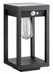 Moderne schwarze Solarleuchte mit rechteckigem Rahmen und Glühbirne, seitliche Perspektive