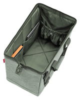 Grüne Tasche mit mehreren Innenfächern, von oben betrachtet