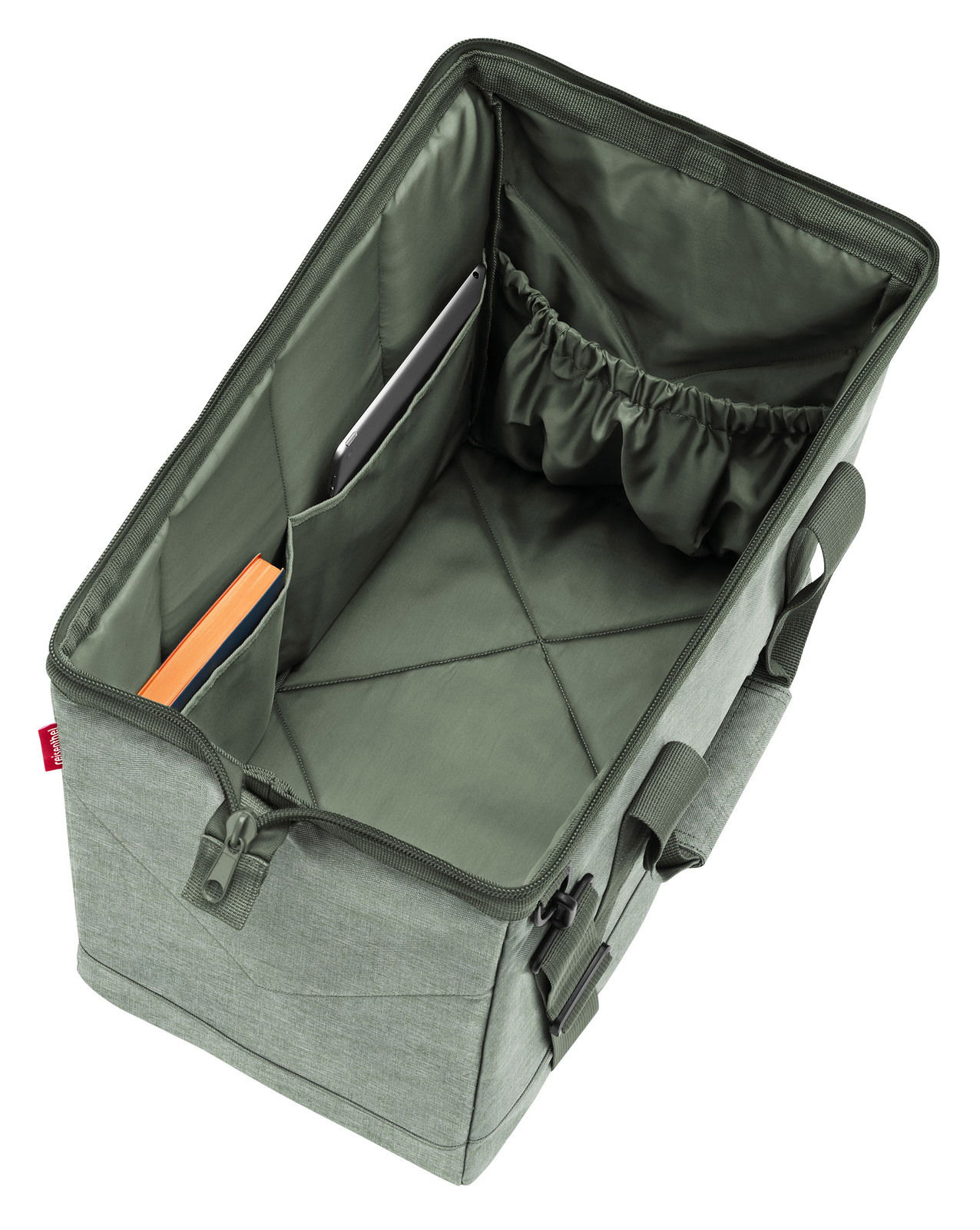 Grüne Tasche mit mehreren Innenfächern, von oben betrachtet