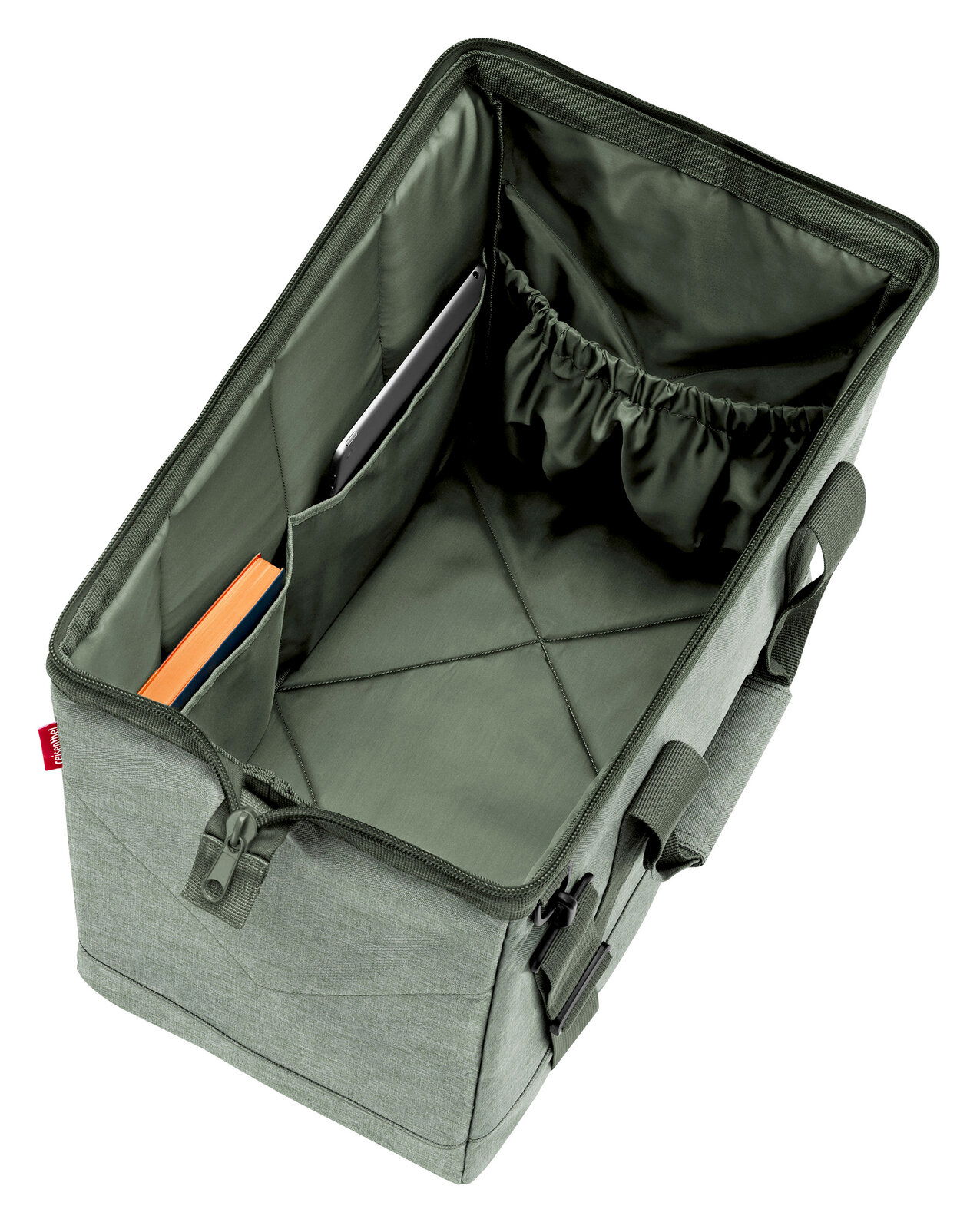 Grüne Tasche mit mehreren Innenfächern, von oben betrachtet