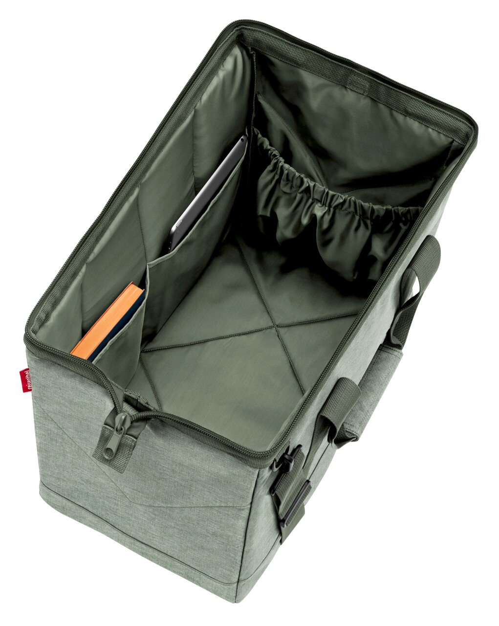 Grüne Tasche mit mehreren Innenfächern, von oben betrachtet