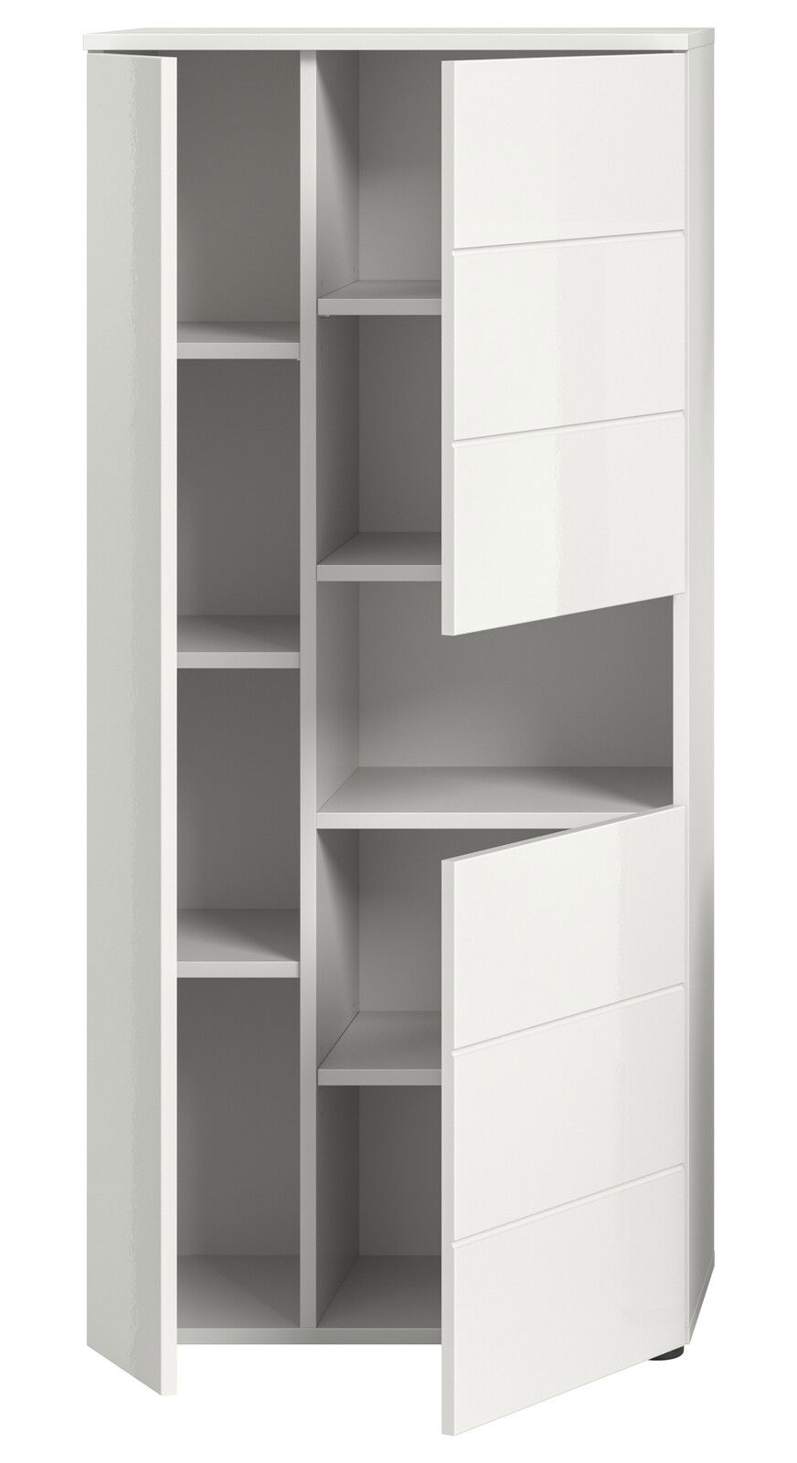 Weißer Standschrank mit offenen Türen, zeigt mehrere Regalböden, perspektivisch von vorne links betrachtet.