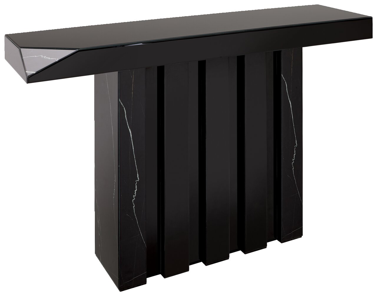 Schwarzer Konsolentisch mit modernem Design, frontal betrachtet.