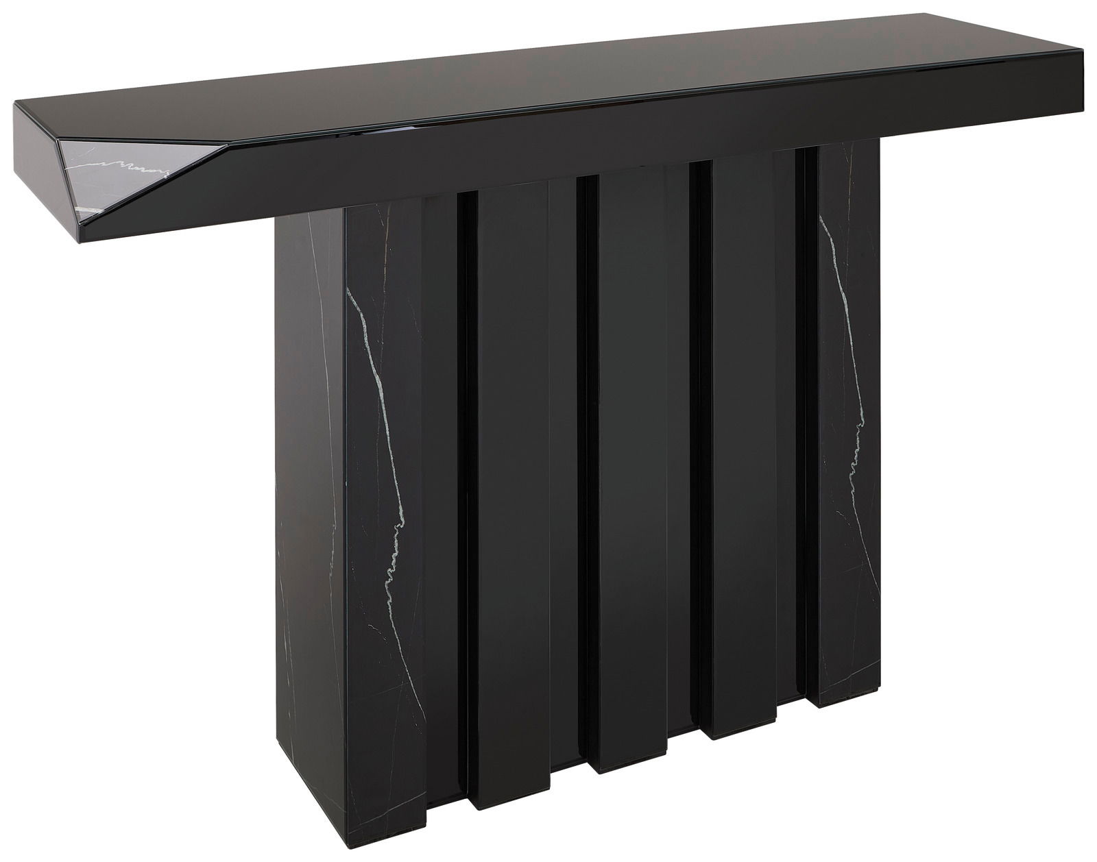 Schwarzer Konsolentisch mit modernem Design, frontal betrachtet.