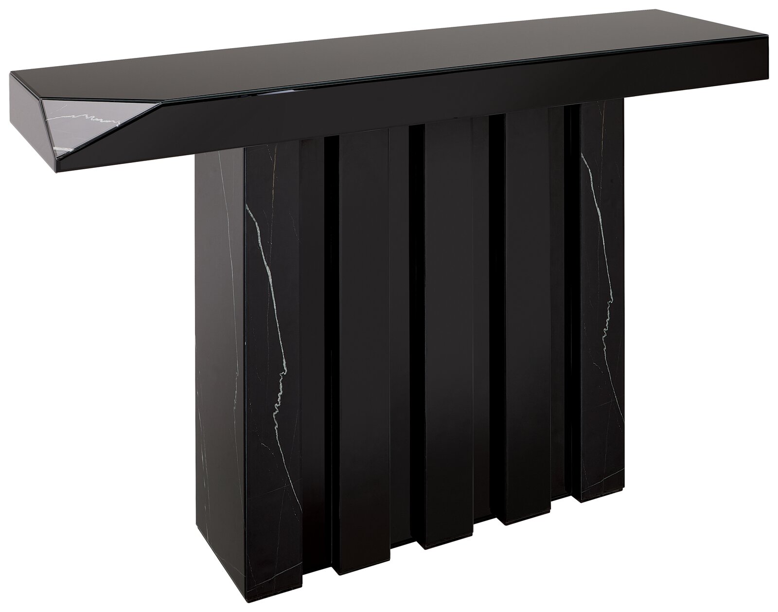 Schwarzer Konsolentisch mit modernem Design, frontal betrachtet.