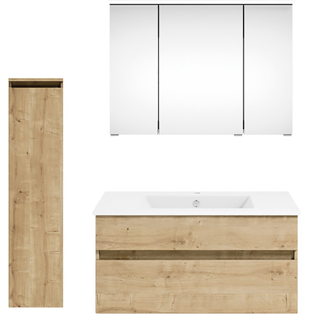 Frontale Ansicht einer Badkombination mit Holzoptik, bestehend aus einem hohen Schrank, einem Waschtisch mit Waschbecken und einem dreiteiligen Spiegelschrank.