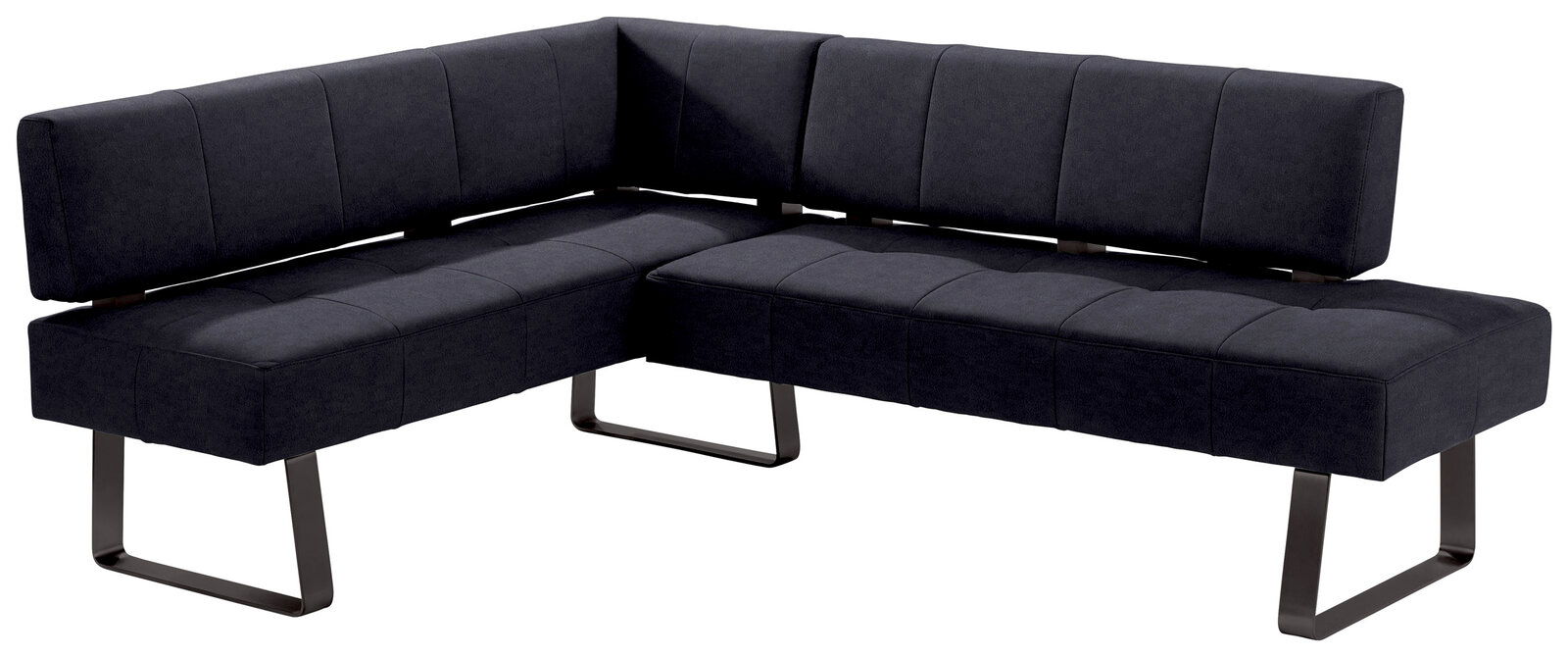 Moderne Eckbank in dunklem Stoffbezug mit Metallbeinen, seitliche Perspektive