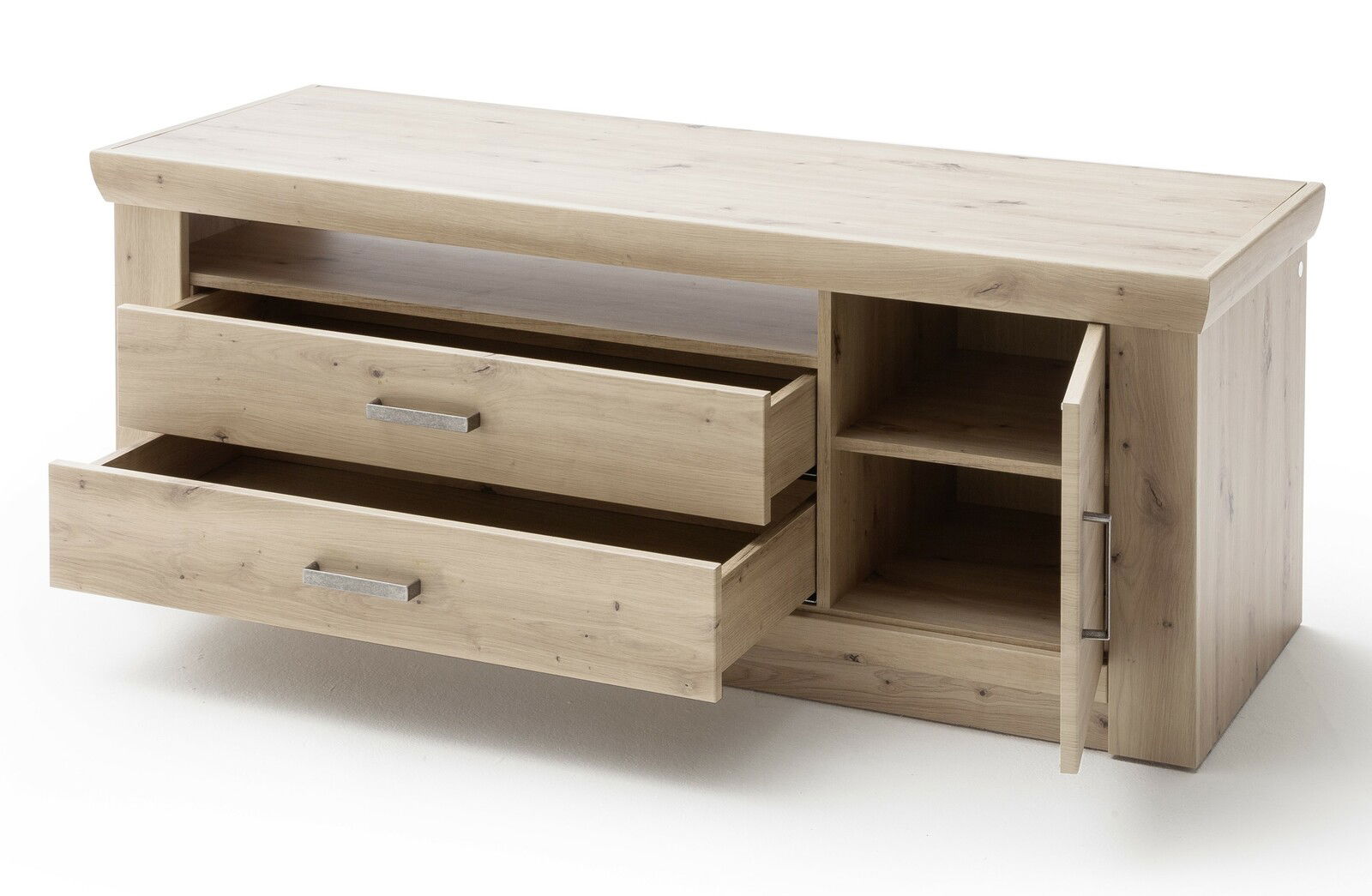 TV-Lowboard aus hellem Holz mit zwei offenen Schubladen und einer geöffneten Tür, seitliche Perspektive