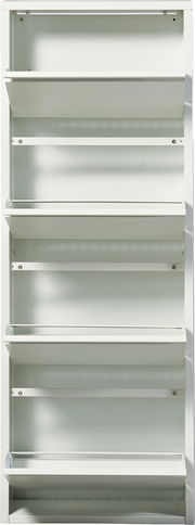 Weißes, schmales Wandregal mit vier schrägen Ablagefächern aus Metall, frontal von vorne fotografiert