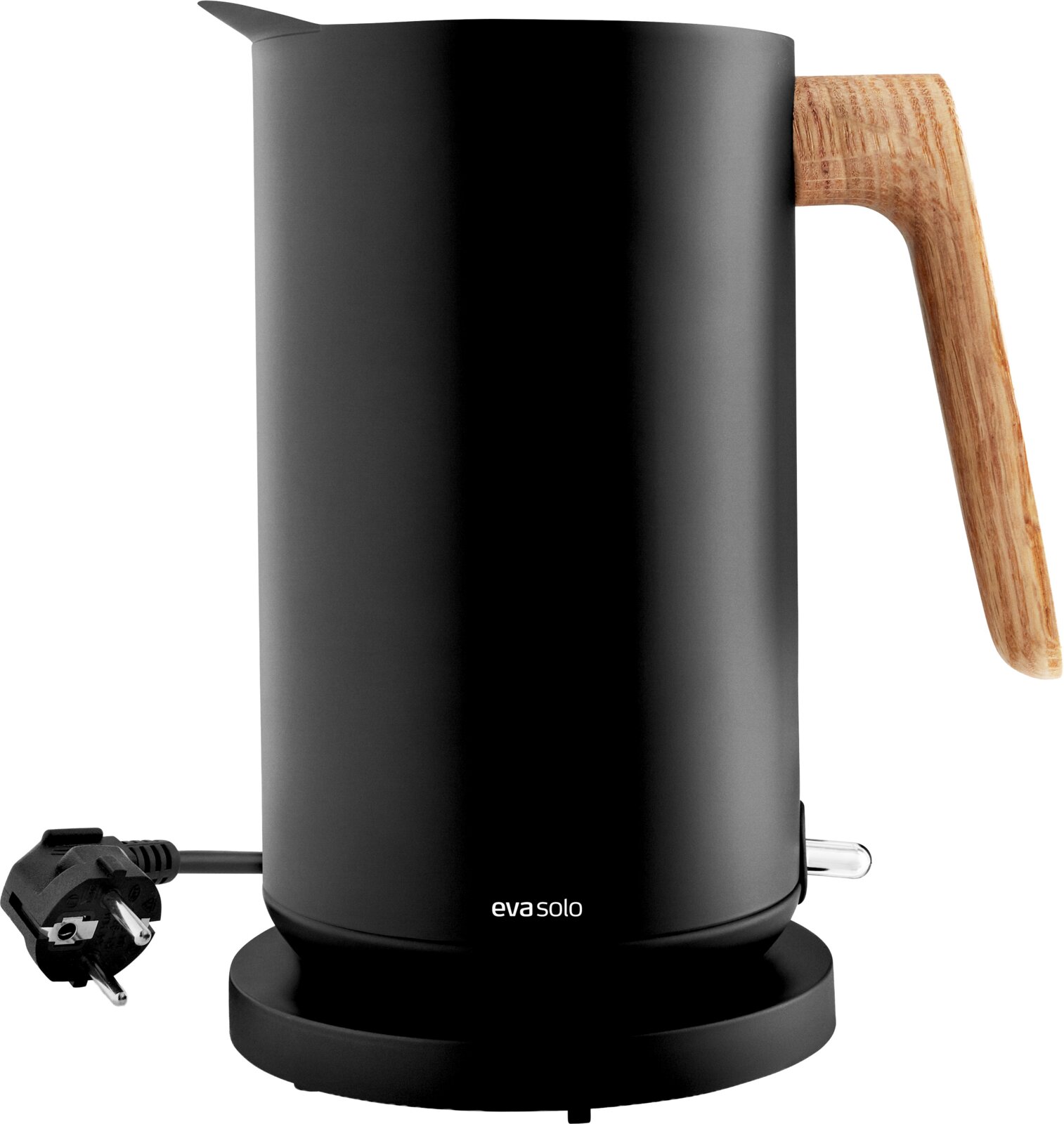 Eva Solo Wasserkocher NORDIC KITCHEN Schwarzer elektrischer Wasserkocher von eva solo mit Holzgriff und Sockel, seitliche Ansicht vor weißem Hintergrund