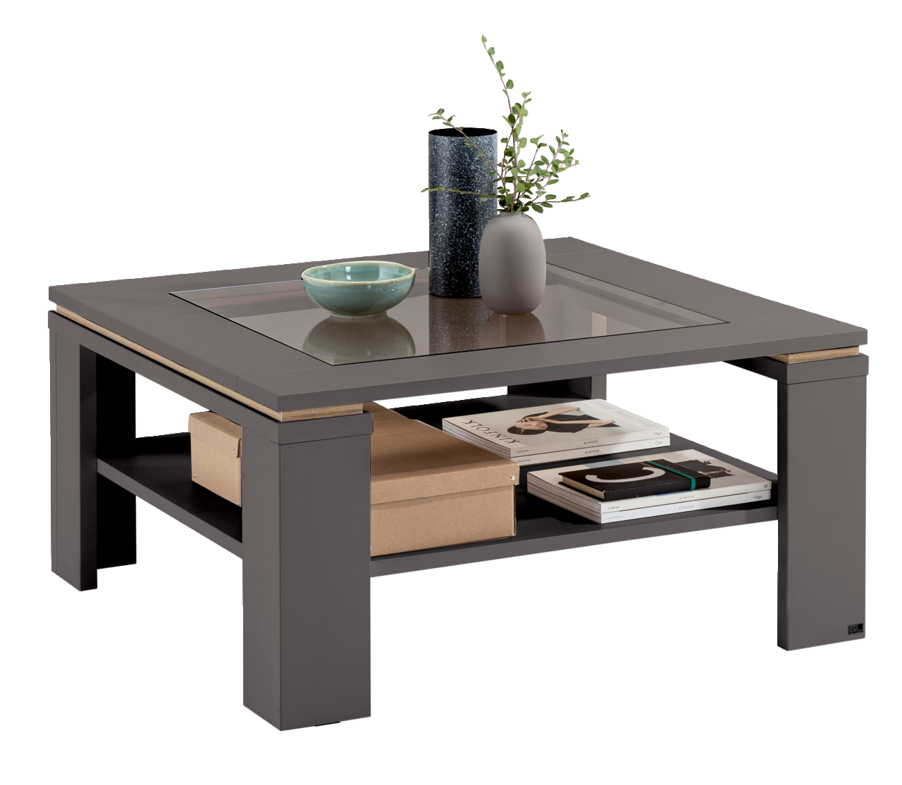 Set one by Musterring Couchtisch SET ONE TACOMA Moderner Couchtisch in dunklem Grau mit Glasplatte, dekoriert mit Vasen und Schalen, seitliche Perspektive