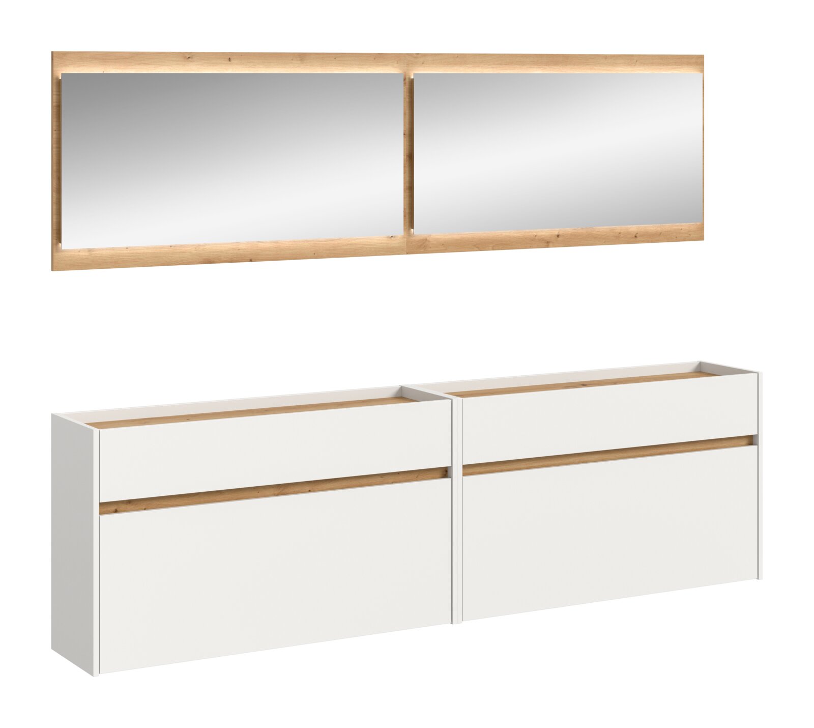 MID.YOU Garderobenkombi inkl. LED DRIVE Zweiteiliges Badezimmermöbel-Set: oben breiter Doppelspiegel mit Holzrahmen, unten Doppelwaschtisch-Unterschrank in Weiß mit Holz-Akzentleiste; Frontansicht leicht schräg von links auf weißem Hintergrund.