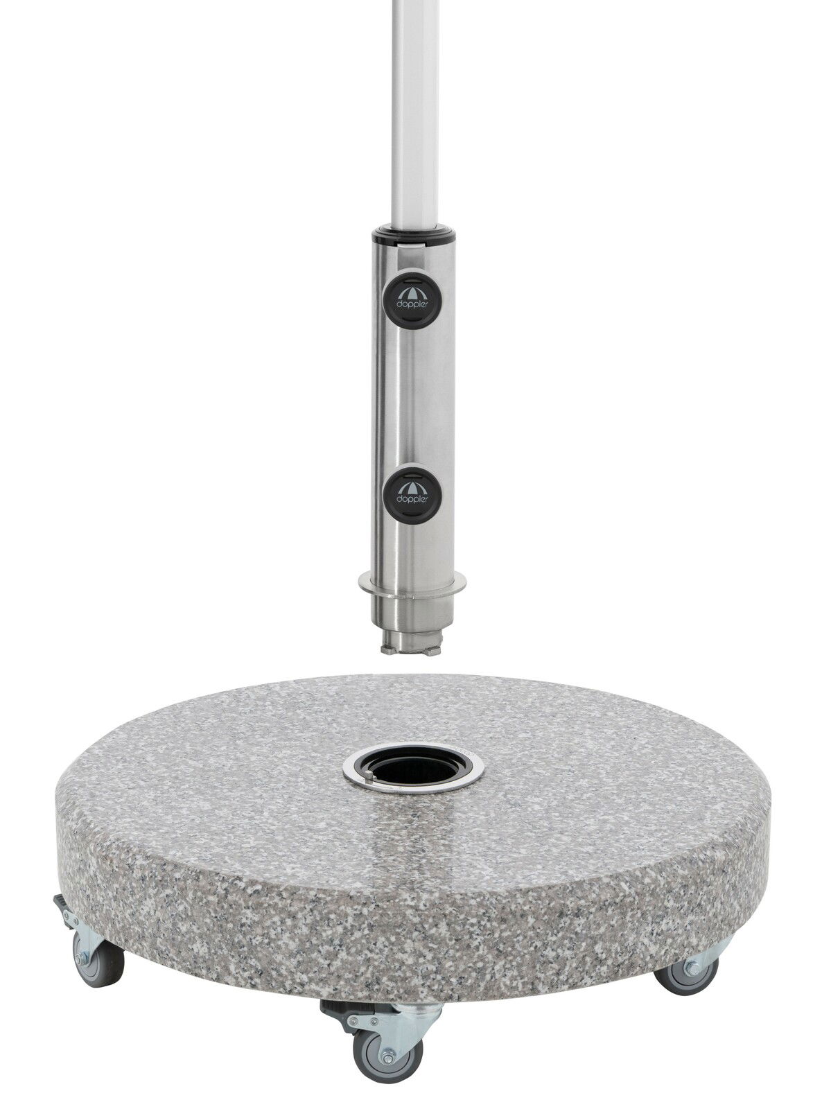 Granit-Sockel mit Rollen und Edelstahlstange, seitliche Perspektive