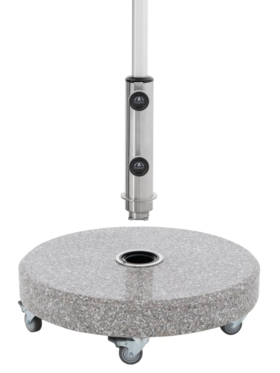 Granit-Sockel mit Rollen und Edelstahlstange, seitliche Perspektive