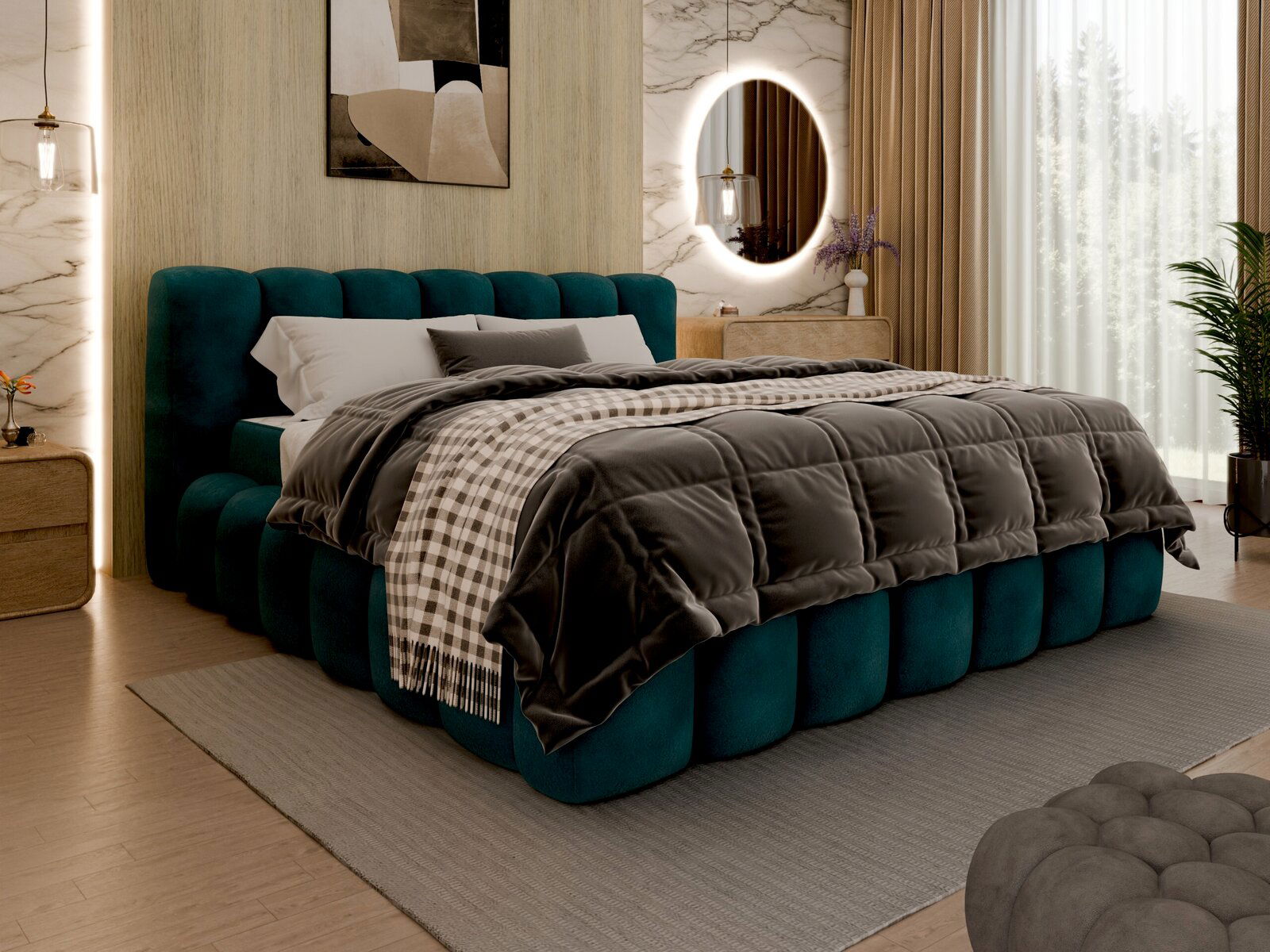 Modernes Polsterbett in einem stilvollen Schlafzimmer, seitliche Perspektive