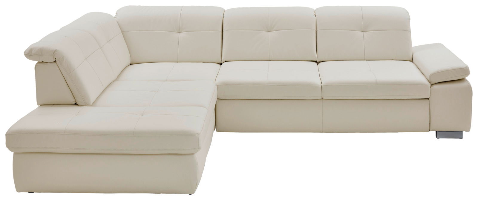 Eckgarnitur in cremefarbenem Leder, Ansicht von vorne mit linker Ottomane und rechter Armlehne.