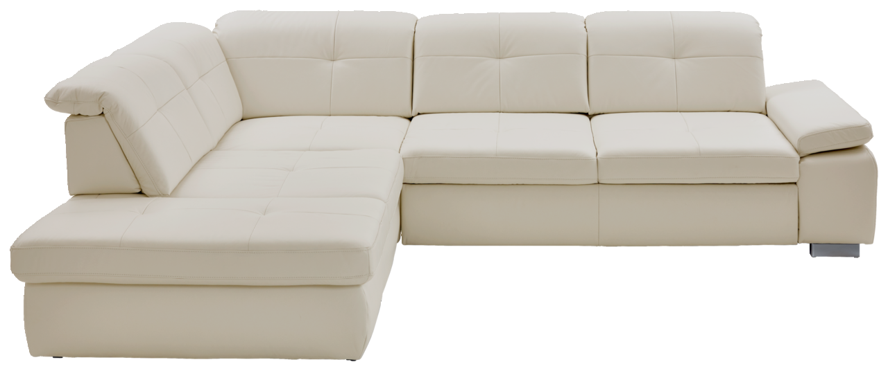Eckgarnitur in cremefarbenem Leder, Ansicht von vorne mit linker Ottomane und rechter Armlehne.