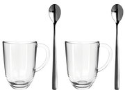 Zwei Latte Macchiato Tassen mit Griff und zwei langen Löffeln, frontal abgebildet.