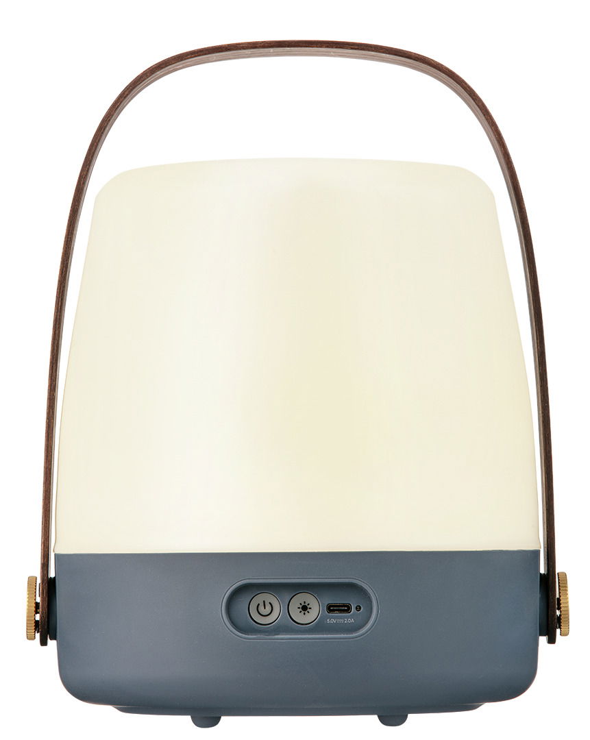 Vorderansicht einer tragbaren Lampe mit USB-Anschluss und Bedienelementen, Modell Lite-up Ocean 2.0.
