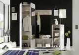 Moderne Garderobenkombination in einem stilvollen Raum mit schwarzer Wand, bestehend aus einem weißen Schrank mit Spiegel, offenen Regalen und Hakenleiste, frontal betrachtet.