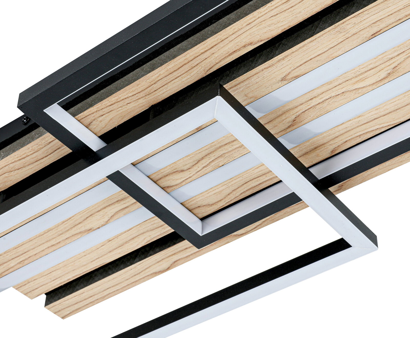 Moderne LED-Deckenleuchte mit geometrischem Design aus Holz und Metall, seitliche Perspektive