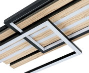 Moderne LED-Deckenleuchte mit geometrischem Design aus Holz und Metall, seitliche Perspektive