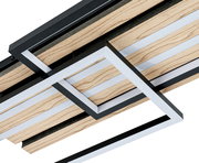 Moderne LED-Deckenleuchte mit geometrischem Design aus Holz und Metall, seitliche Perspektive