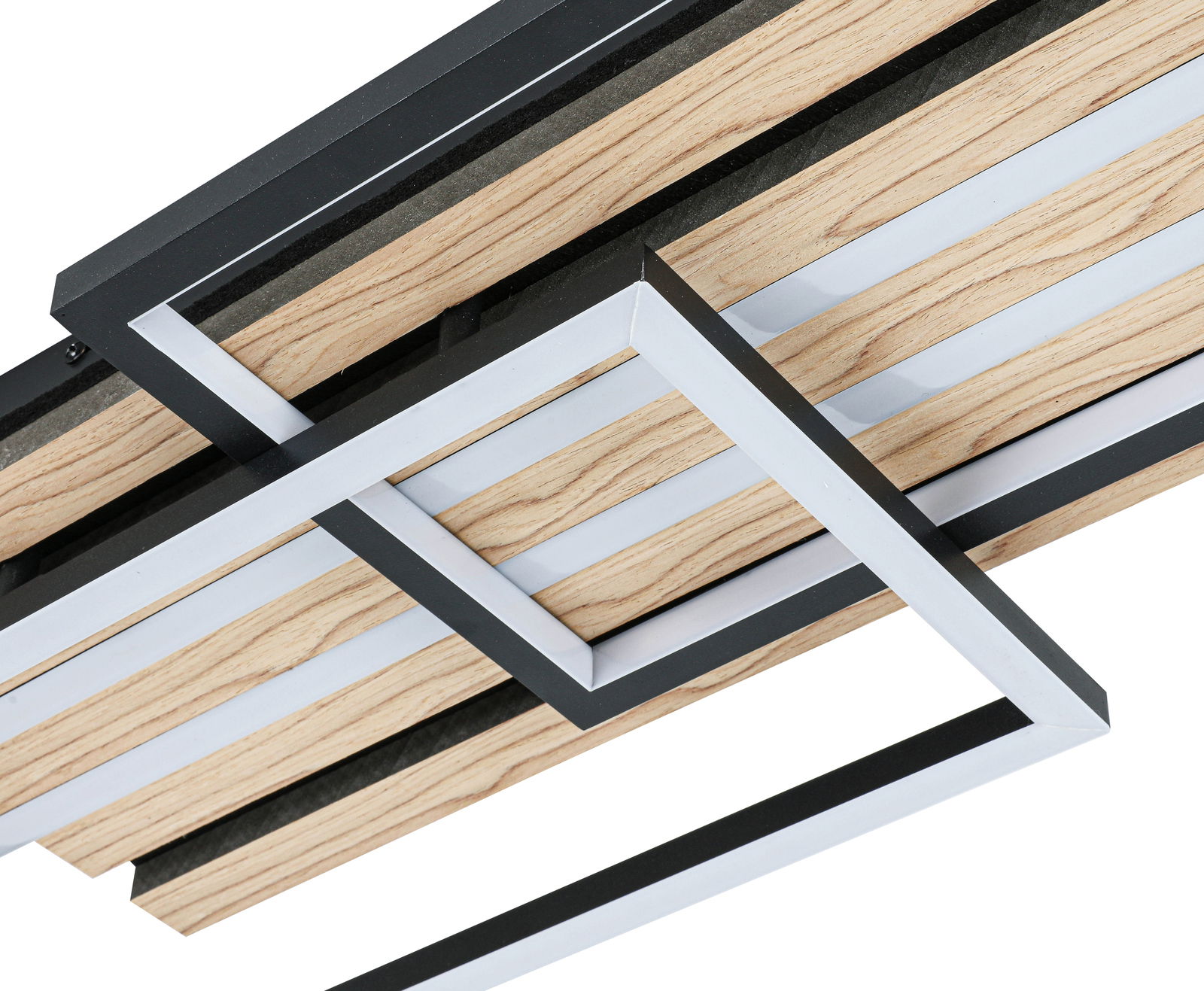 Moderne LED-Deckenleuchte mit geometrischem Design aus Holz und Metall, seitliche Perspektive