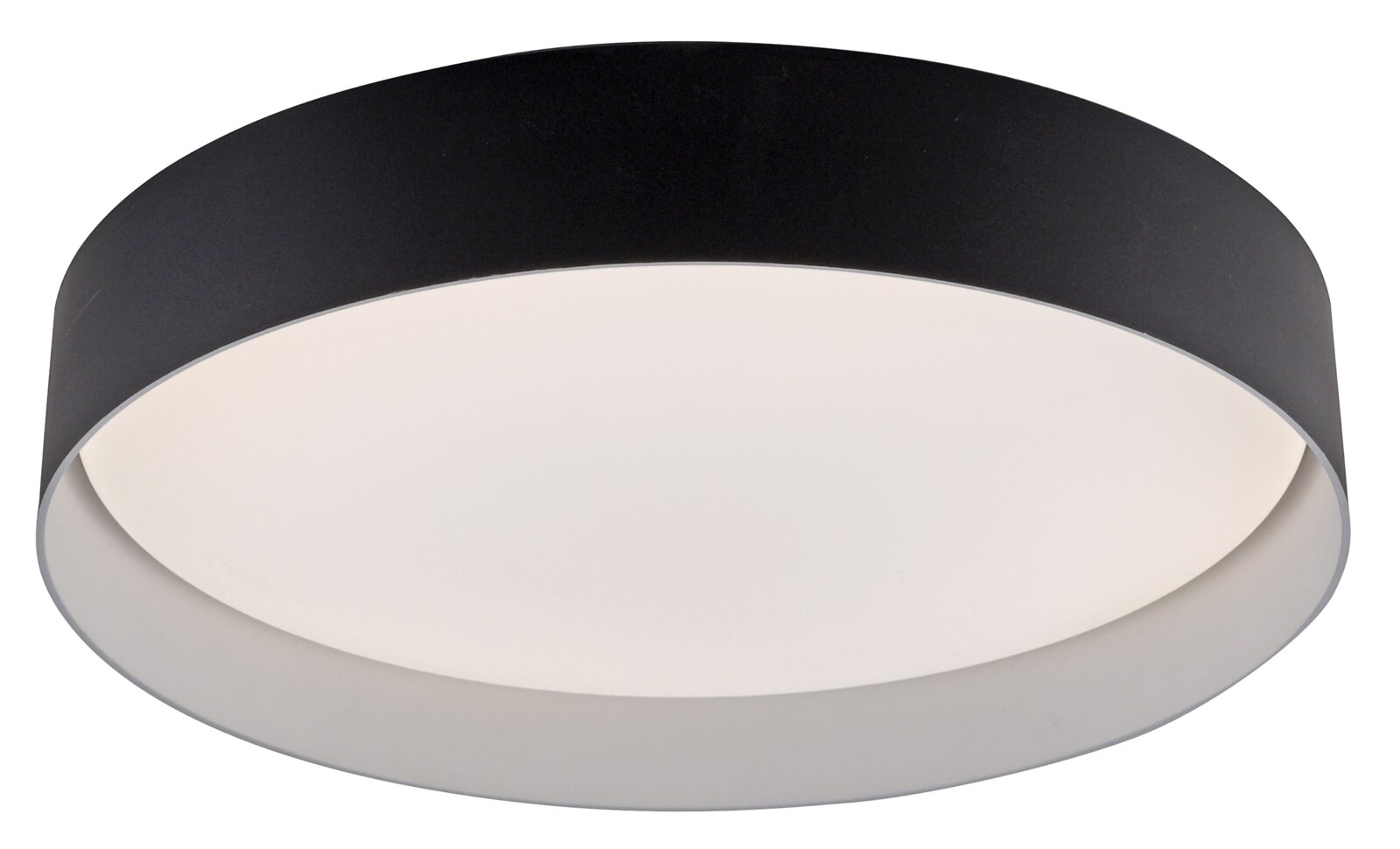 Runde, flache LED-Deckenleuchte in Schwarz mit weißem Diffusor, Produktaufnahme in leicht schräger Untersicht auf weißem Hintergrund