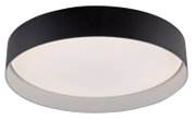 Runde, flache LED-Deckenleuchte in Schwarz mit weißem Diffusor, Produktaufnahme in leicht schräger Untersicht auf weißem Hintergrund