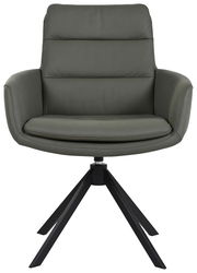 Moderner Sessel mit gepolstertem Sitz und Rückenlehne in Dunkelgrau, auf schwarzem Metallgestell, Frontalansicht.