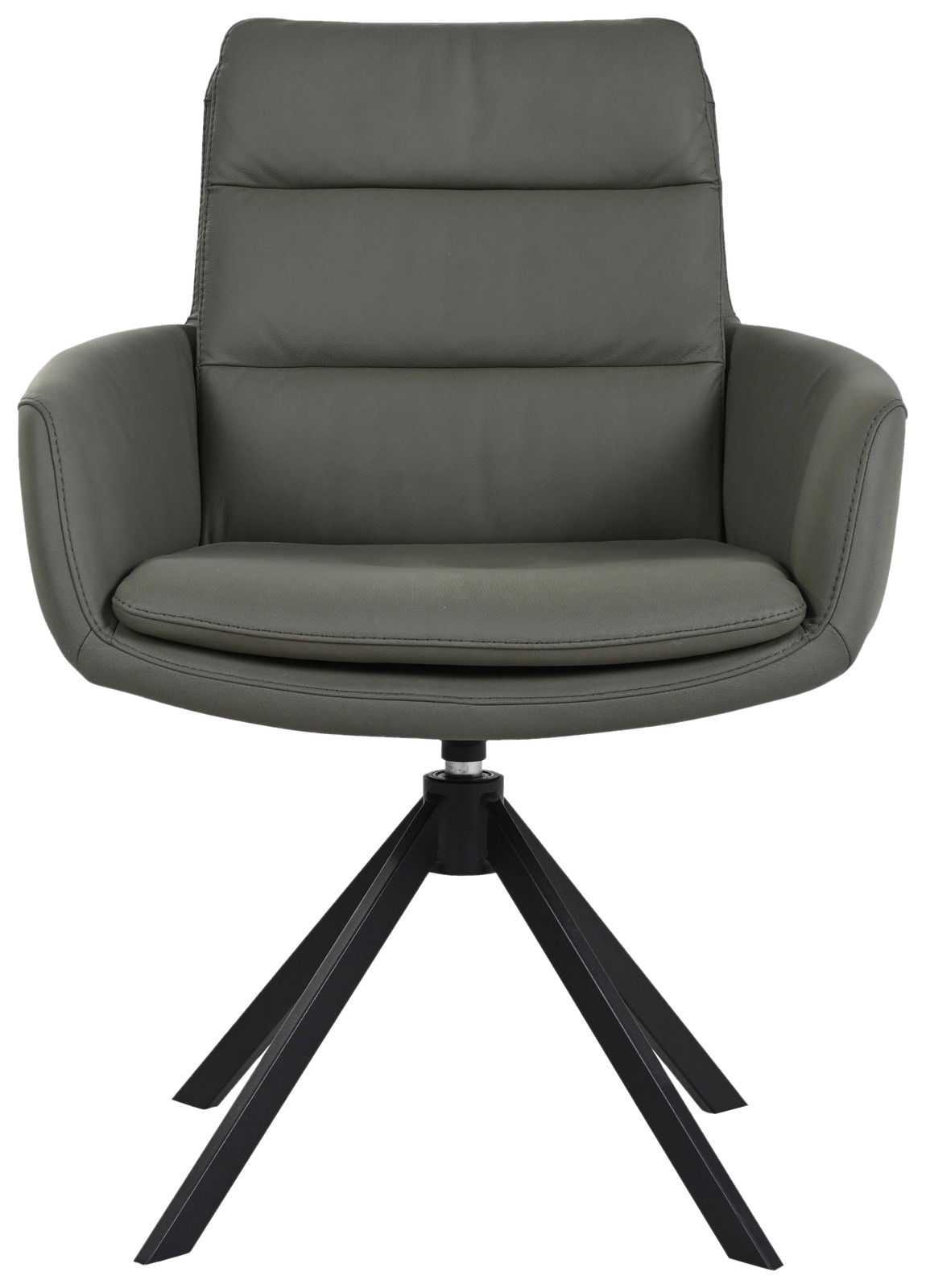 Moderner Sessel mit gepolstertem Sitz und Rückenlehne in Dunkelgrau, auf schwarzem Metallgestell, Frontalansicht.