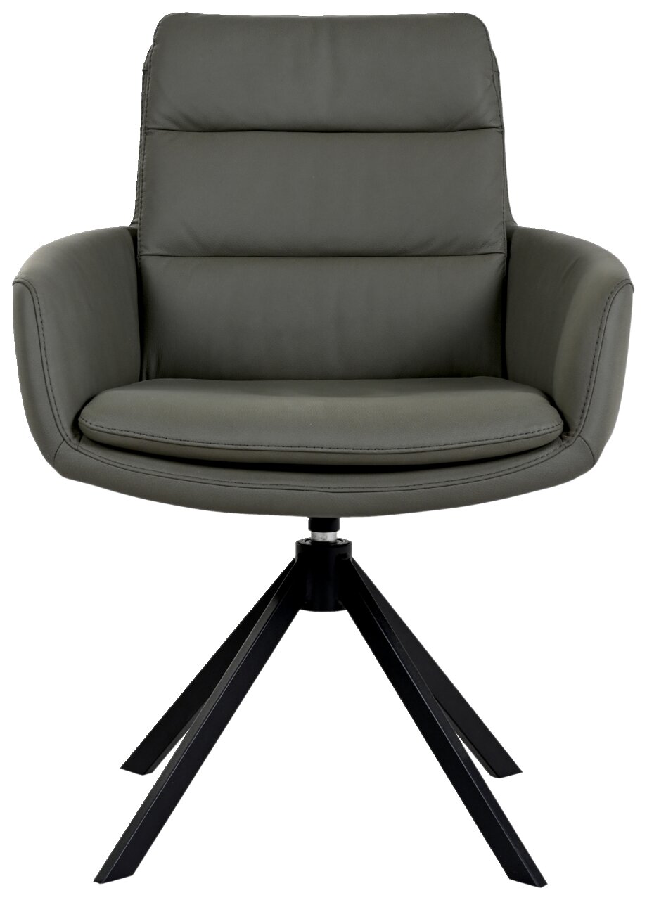 Moderner Sessel mit gepolstertem Sitz und Rückenlehne in Dunkelgrau, auf schwarzem Metallgestell, Frontalansicht.