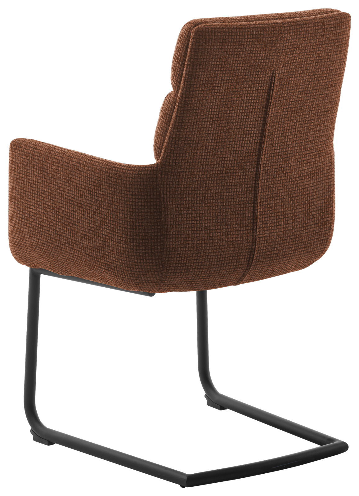 Rückansicht eines braunen Freischwinger-Sessels mit schwarzem Metallgestell.